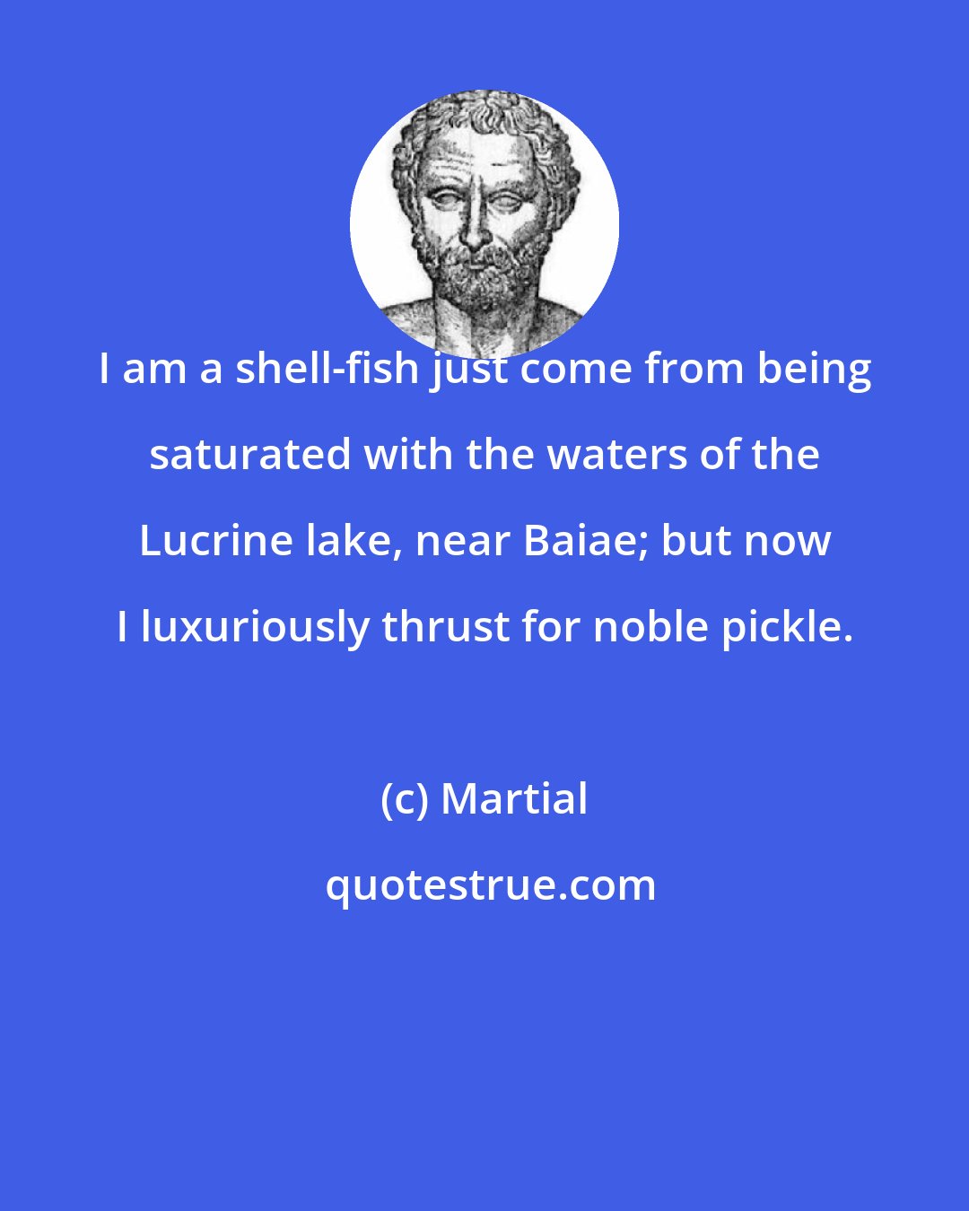 Martial: I am a shell-fish just come from being saturated with the waters of the Lucrine lake, near Baiae; but now I luxuriously thrust for noble pickle.