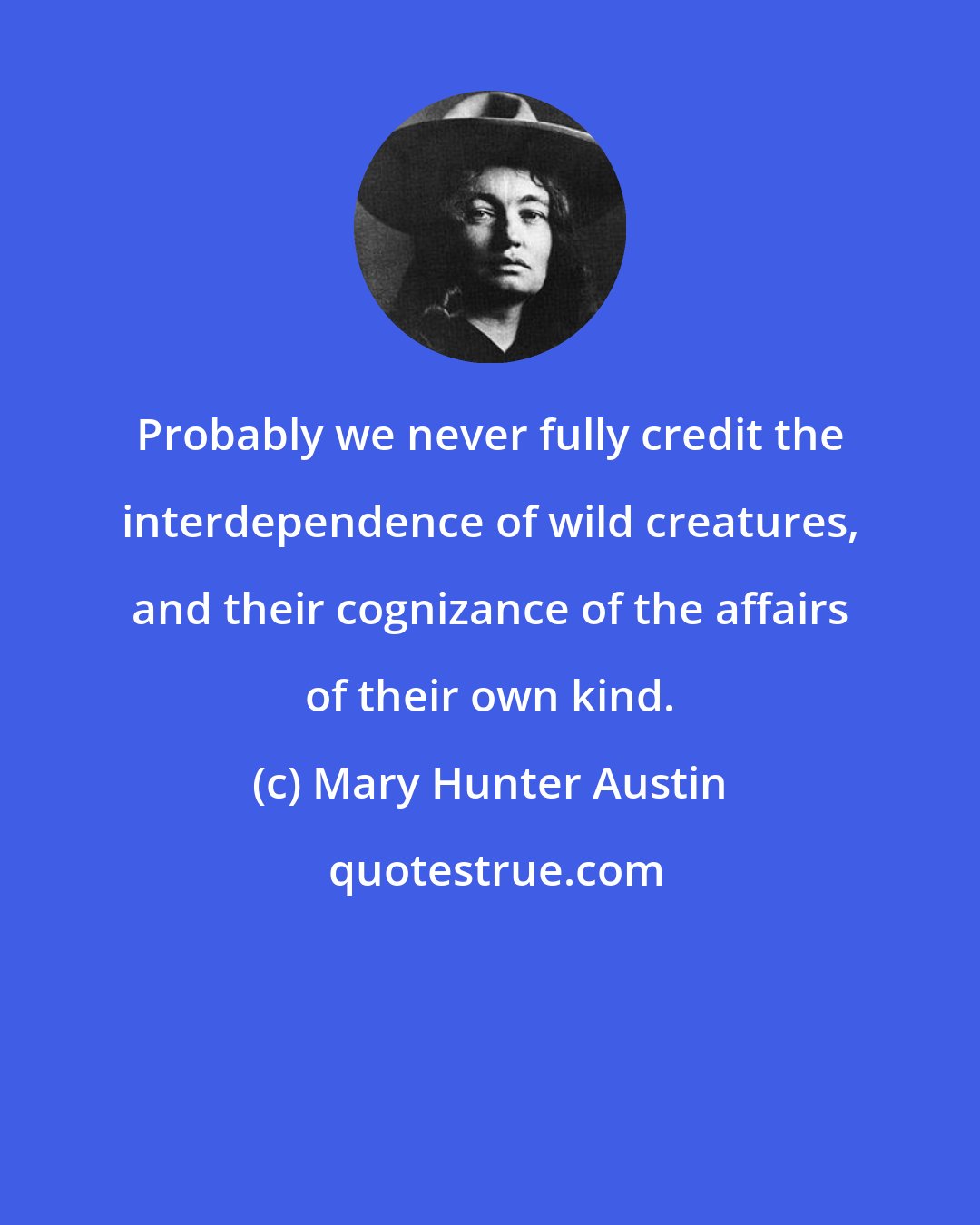Mary Hunter Austin: Probably we never fully credit the interdependence of wild creatures, and their cognizance of the affairs of their own kind.