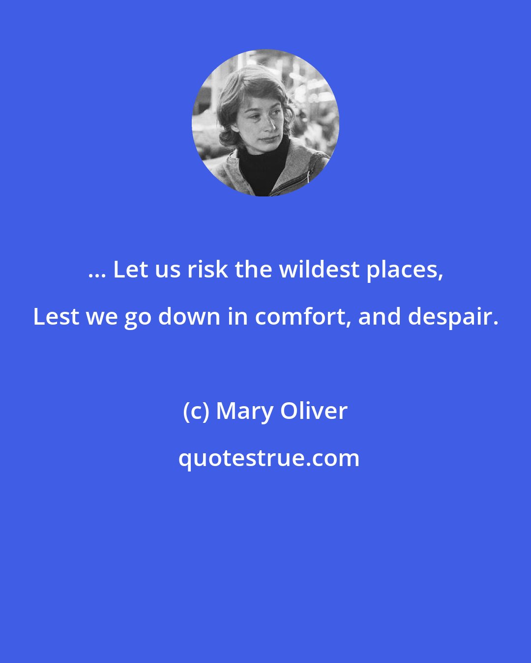 Mary Oliver: ... Let us risk the wildest places, Lest we go down in comfort, and despair.