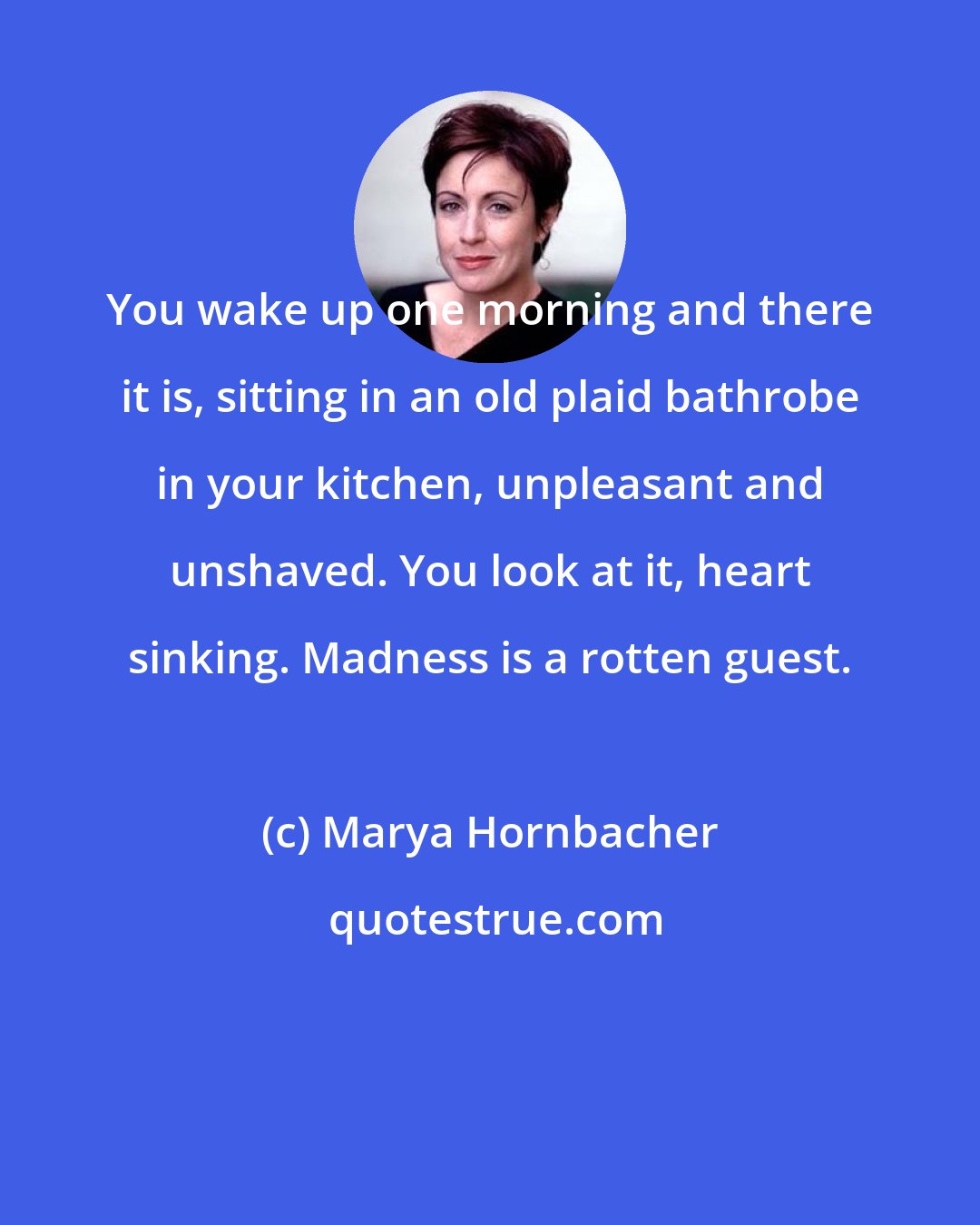 Marya Hornbacher: You wake up one morning and there it is, sitting in an old plaid bathrobe in your kitchen, unpleasant and unshaved. You look at it, heart sinking. Madness is a rotten guest.