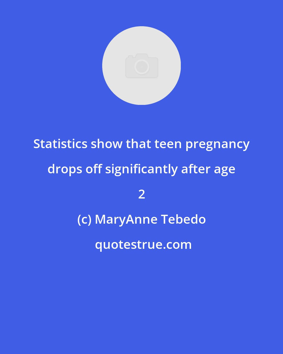 MaryAnne Tebedo: Statistics show that teen pregnancy drops off significantly after age 2