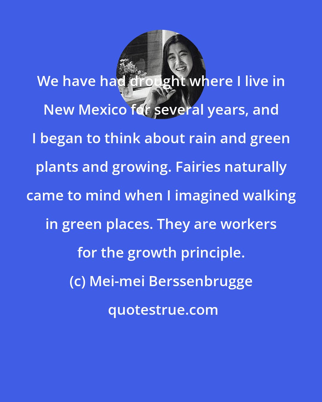 Mei-mei Berssenbrugge: We have had drought where I live in New Mexico for several years, and I began to think about rain and green plants and growing. Fairies naturally came to mind when I imagined walking in green places. They are workers for the growth principle.