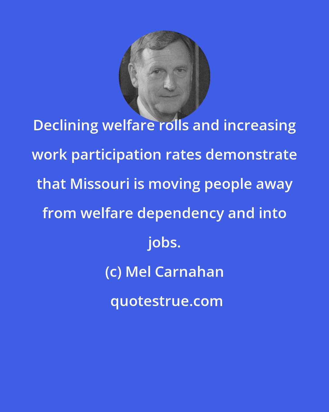 Mel Carnahan: Declining welfare rolls and increasing work participation rates demonstrate that Missouri is moving people away from welfare dependency and into jobs.