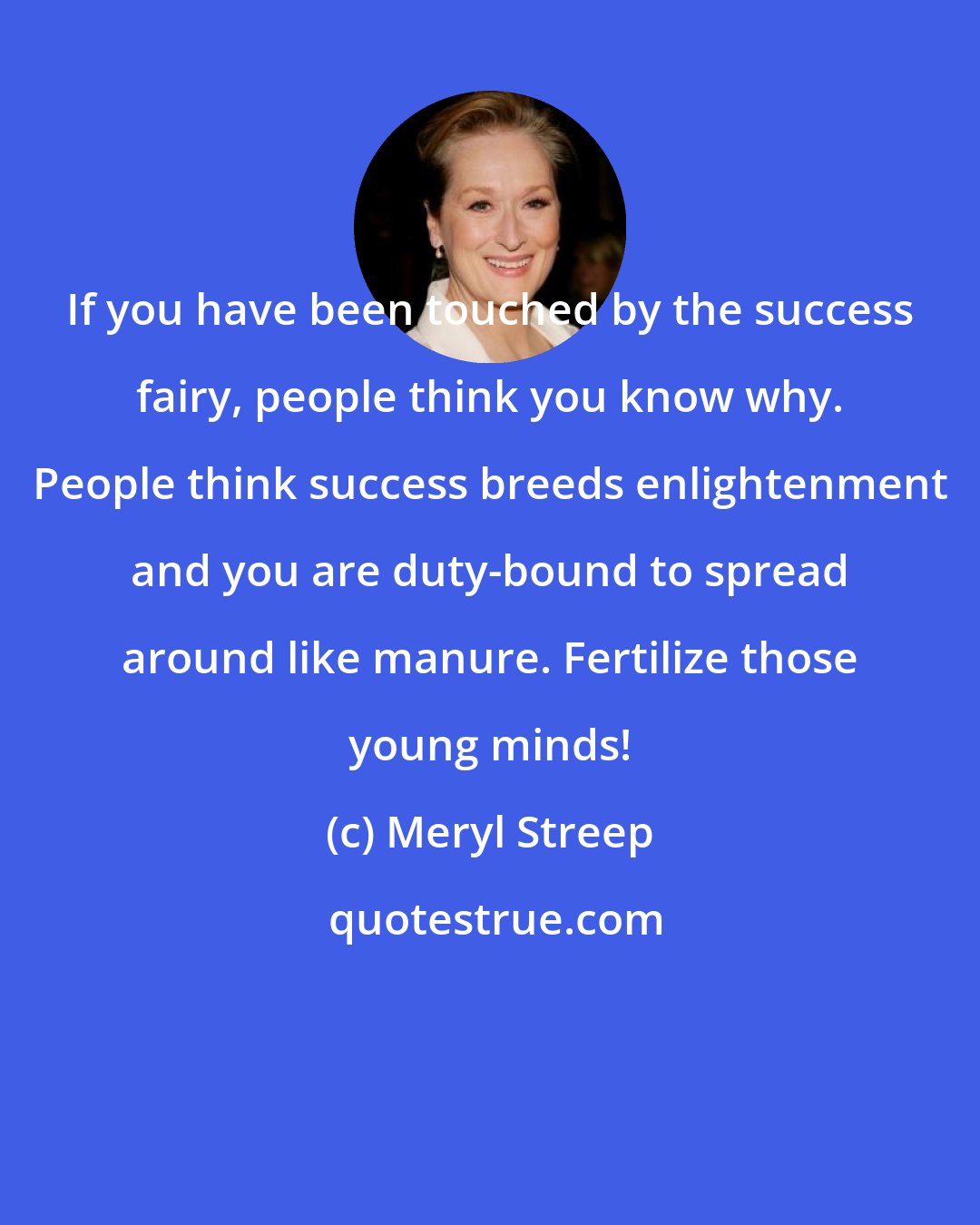 Meryl Streep: If you have been touched by the success fairy, people think you know why. People think success breeds enlightenment and you are duty-bound to spread around like manure. Fertilize those young minds!
