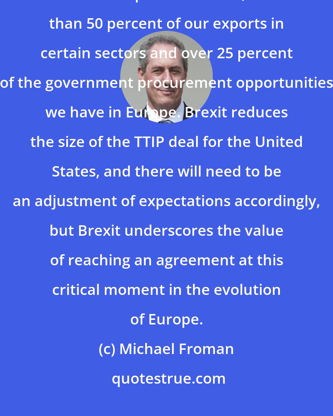 Michael Froman: Of course, the UK is a significant economy that makes up a quarter of American exports to the EU, more than 50 percent of our exports in certain sectors and over 25 percent of the government procurement opportunities we have in Europe. Brexit reduces the size of the TTIP deal for the United States, and there will need to be an adjustment of expectations accordingly, but Brexit underscores the value of reaching an agreement at this critical moment in the evolution of Europe.